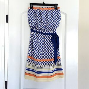 Joy Joy Royal Blue & Peach Strapless Checkered Dress Size Small